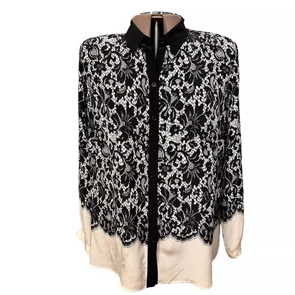Go Silk. Sz 1X. $268. Border Lace Print. Black cream. Silk. Long Sleeve. LO - Picture 1 of 7